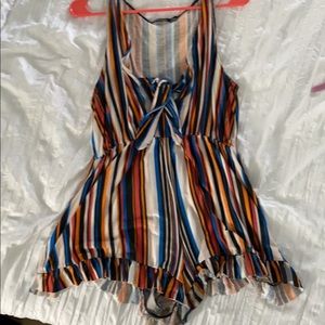 boohoo striped romper with ruffle trim